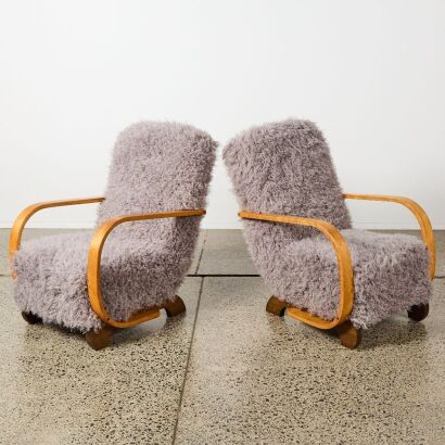 A Pair of Art Deco Armchairs Upholstered in Smokey Grey Faux Fur