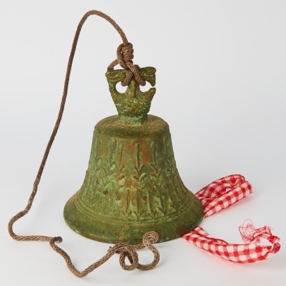 A Large Green Patina Brass Bell with Crops Motif