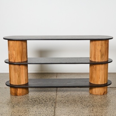 A Black Oak Style Console with Natural Wood Pillars