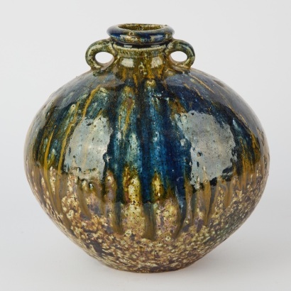 An Early Rod Davies Salt Glazed Vase with Cobalt Ash Trickle and Lug Handles