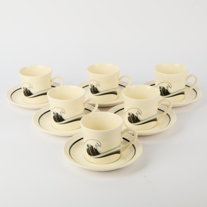 A Set of Six Crown Lynn Cups and Saucers 'Last Wave' designed by Juliet Hawkins