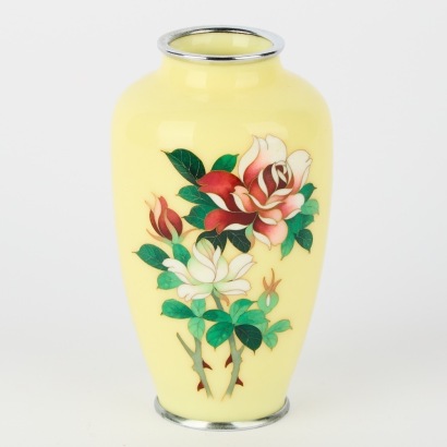 A Vintage Chinese Yellow Enamelled Cloisonne Vase Decorated With Flowers