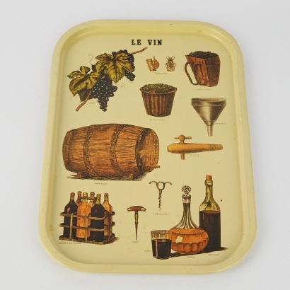 A Vintage French Metal Wine Tray Decorated With Various Vineyard Pieces