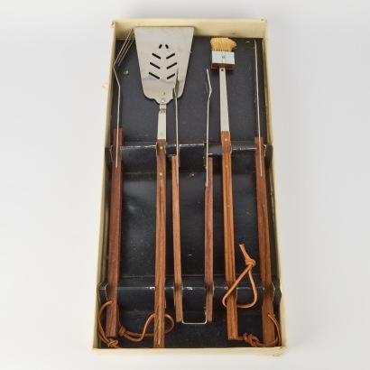 A Mid-Century BBQ Set Stainless Steel With Rosewood Handles. Original Box. Unused Condition