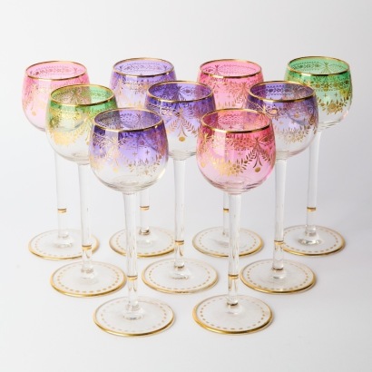 A Set of Nine Bohemia Etched and Gilt Wine Glasses