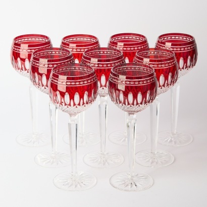 A Set of Eight Waterford Crystal Claredon Ruby Hock Wine Glasses