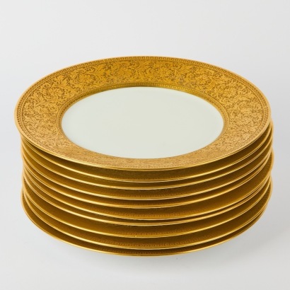 A Set of Ten Czechoslovakia Epiag Porcelain Dinner Plates with Gilt Design