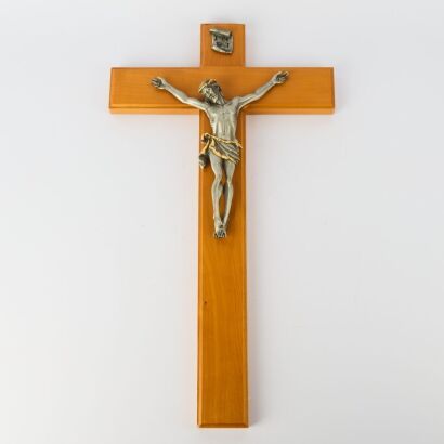 A Maple and Pewter Crucifix with Gold Leaf Detailing
