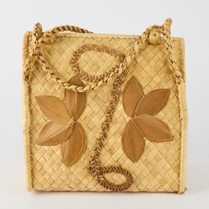 A Plait Woven Bag With Floral Applique, Polynesia