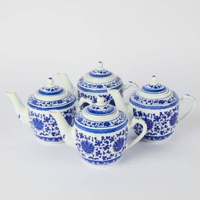 A Set of Four Chinese 20th Century Blue and White Teapots