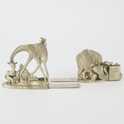 A Set of Two Giraffe and Elephant Seagull Pewter Bookends