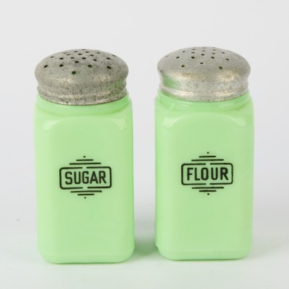 A Vintage Pair of Jadeite Uranium Glass Shakers