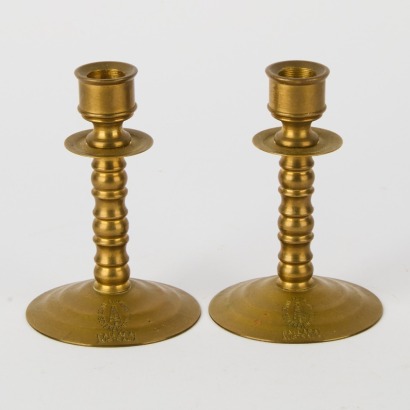 A Pair Of Miniature Brass Candle Holders By Soho Foundry Australia