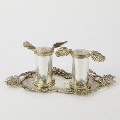 A Pewter Salt and Pepper Set by Seagull Canada with Tray