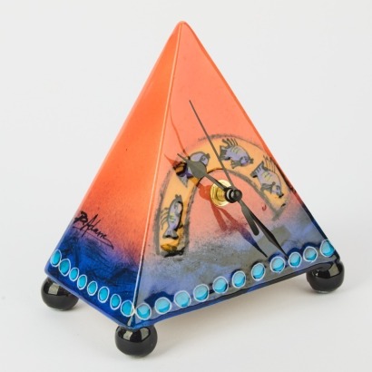 A Vibrant Brendan Adams Pyramid Clock with Fish