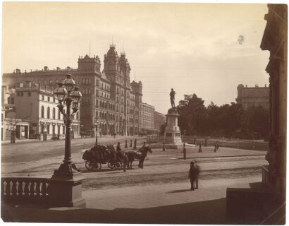 PHOTOGRAPHER UNKNOWN Melbourne: Spring Street, Parliament Place, Cook monument (Spring Street from Treasury Steps looking north)