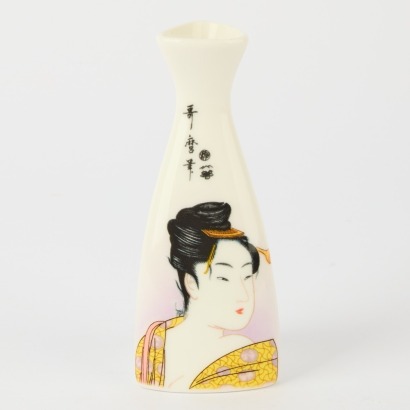 A Japanese Ceramic Sake Bottle and Fan-Bowl