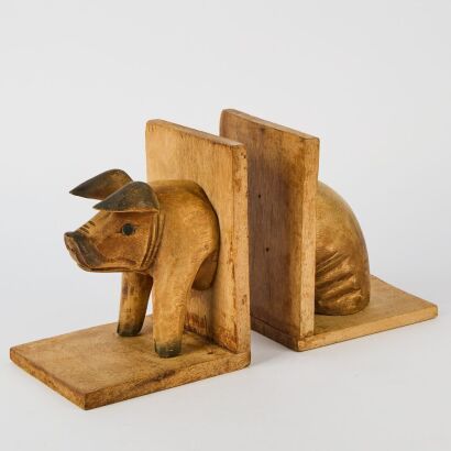 A Pair of Handcarved Wooden Pig Bookends