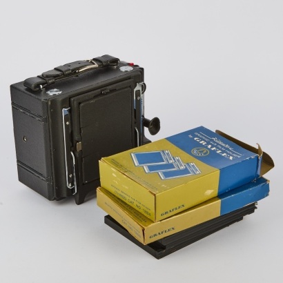 A Graphex Speed Graphic 45 Large Format Camera with Sheet Film Holders