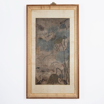 A Korean 19th Century Ink and Wash Lotus and Ducks Painting