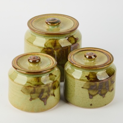Three Barry Hockenhull Celadon Glaze Lidded Containers