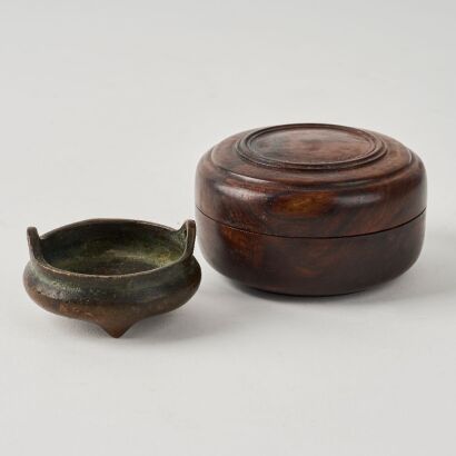A Chinese Aged Huanghuali Small Round Box AND A Chinese Aged Bronze Incense Burner