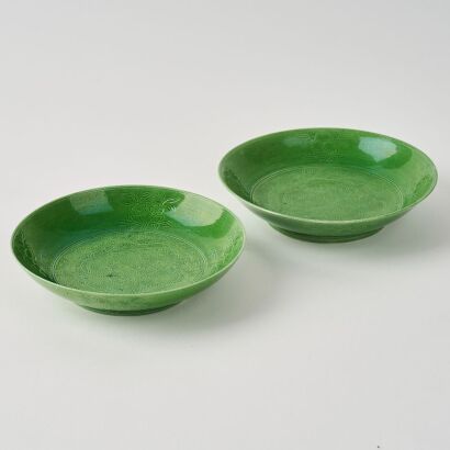A Pair of Chinese Qing Dynasty Green-glazed &lsquo;Dragon&rsquo; Dishes