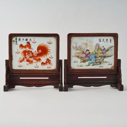 A Set of Two Chinese Late Qing Dynasty Porcelain Plaque Table Screens
