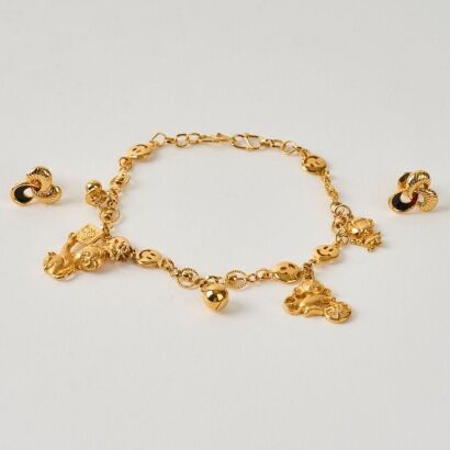 A Set of Chinese Gold Monkey Bracelet AND A Pair of Gold Earrings, 18k