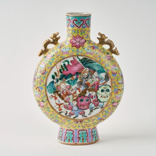 A Chinese Late&ndash;Mid Qing Dynasty Famille-rose &lsquo;Figures on Horseback&rsquo; and &lsquo;Peony and Peacock&rsquo; Moonflask