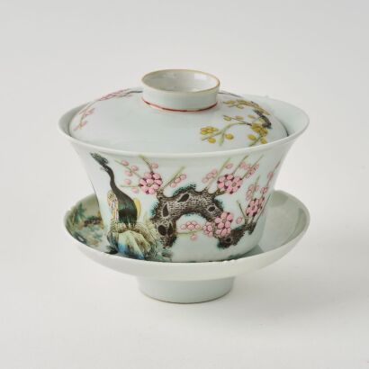 A Set Chinese Qing Dynasty Daoguang Period Famille-rose &lsquo;Floral and Bird&rsquo; Teacup and Cover
