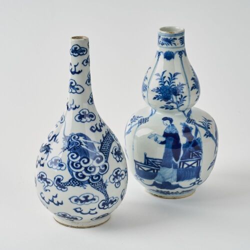 A Set of Two Chinese Blue and White &lsquo;Figural and Dragon&rsquo; Vases ( Kangxi Year Mark, Imperial Quality Mark)