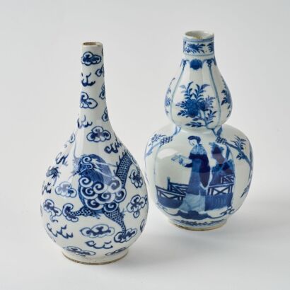 A Set of Two Chinese Blue and White &lsquo;Figural and Dragon&rsquo; Vases ( Kangxi Year Mark, Imperial Quality Mark)