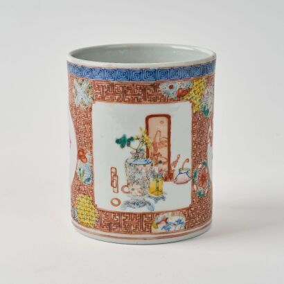 A Chinese Famille-rose &lsquo;Hundred Antiques&rsquo; Brush Pot (Qianlong Year Mark)