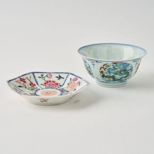 A Chinese Qing Dynasty Blue and White and Doucai &lsquo;Dragon&rsquo; Small Cup AND A Chinese Qing Dynasty Yongzheng Famille-rose 'Floral' Hexagonal Small Dish