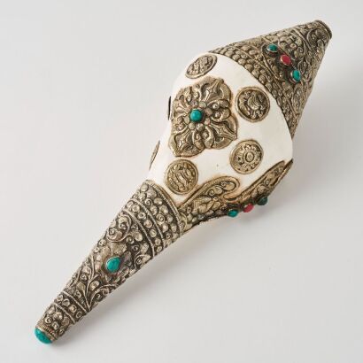 A Chinese Tibetan Early 20th Century Silver-mounted Conch Shell