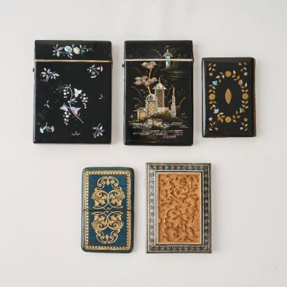A Set of Five Decorative Lacquer and Mother-of-Pearl Floral Card Cases