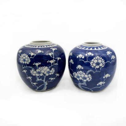 Two Chinese Late Qing Dynasty Blue and White Prunus Jars