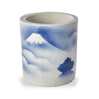 A Blue and White Porcelain Bruch Pot decrated with landscape and panels