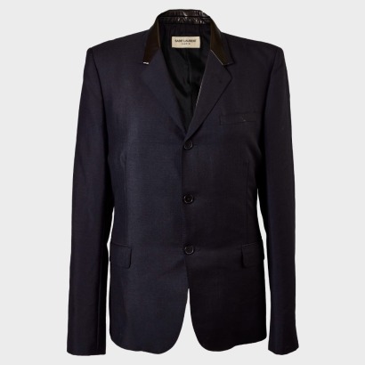 Saint Laurent, Navy / Black, 60% Wool/ 40% Extra Virgin Wool / Lambskin Trim Collar, Suit-style Jacket, Size 50