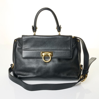 Savatore Ferragamo, Black Leather Gancini Top Handle Bag