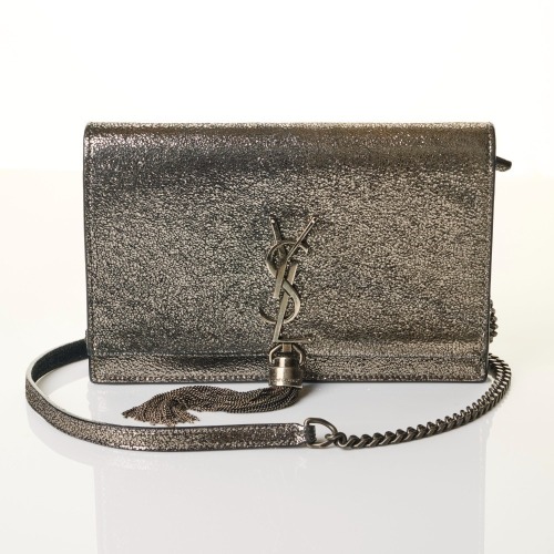 Saint Laurent, Acciaio / Nero Metallic Leather Kate Tassel Wallet on Chain