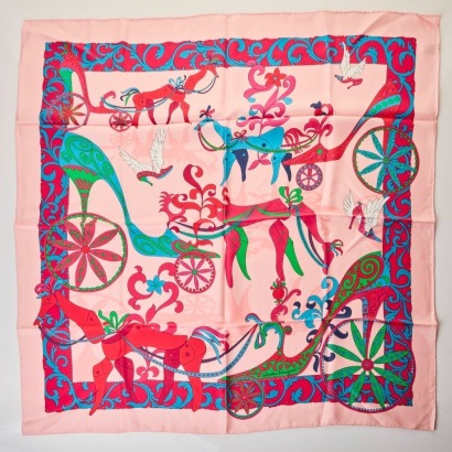 Salvatore Ferragamo, 100% Silk, Pink / Red Scarf