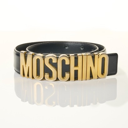 Moschino, Black Leather Logo Lettering Belt, Size 40