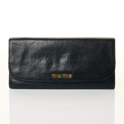 Miu Miu, Black Leather Long Wallet Black with Box