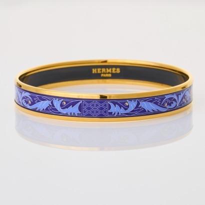 Herm&egrave;s, Blue Enamel Gold-plated Bangle with Box