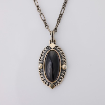 Sterling Silver, Georg Jensen, 44cm Onyx Pendant with Box