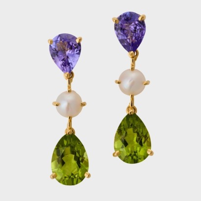 14ct Yellow Gold, 1.30ct Tanzanite, 2.13ct Peridot / 5.3mm Pearl Earrings