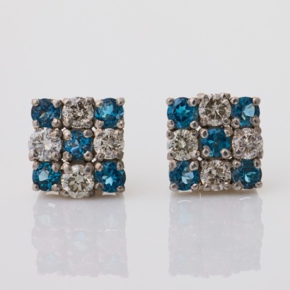 14ct White Gold, Light Blue Topaz / .25ct Diamond Cluster Stud Earrings