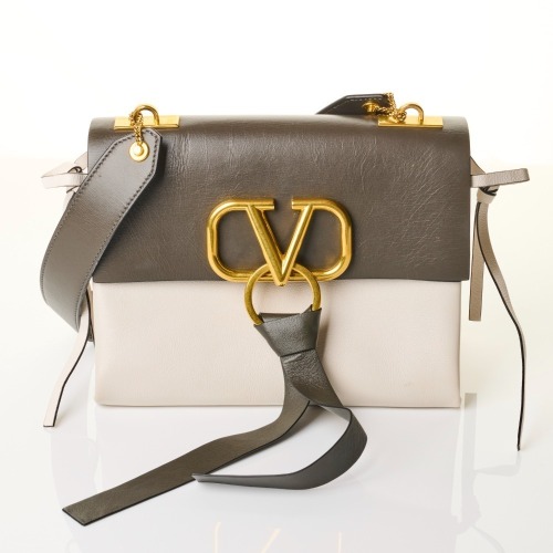 Valentino Garavini, Taupe / Cream Leather V-Ring Flap Crossbody Bag